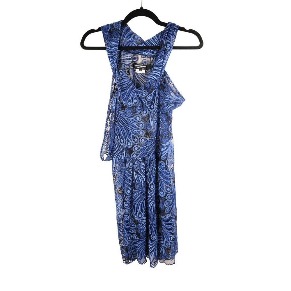 Junya Watanabe Blue Peacock Feather Sheer Lace Asymmetrical Dress Runway